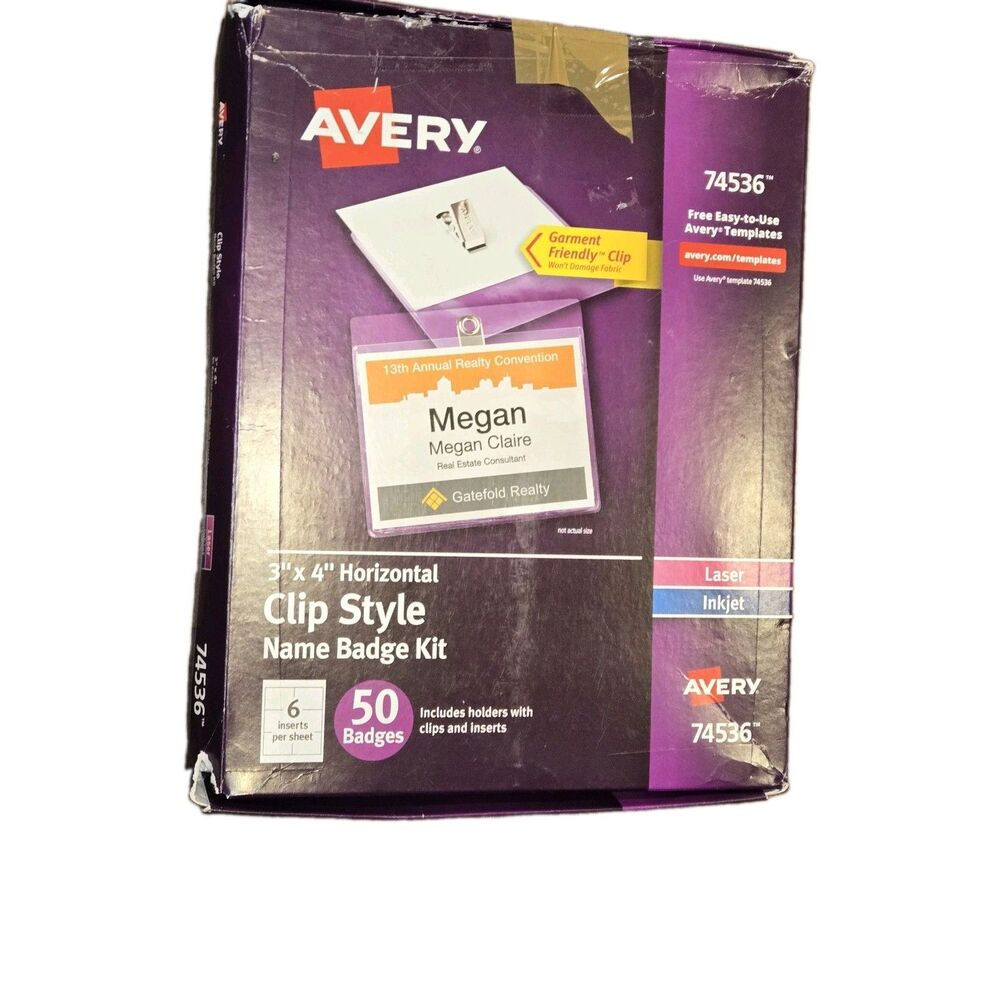 Avery 74536 Clip Style Name Badges KIT Plastic 3x4" White Laser/Inkjet 50 pack